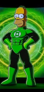 Cartoon superhero in green suit with glowing aura.