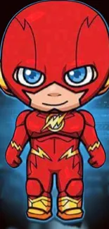 Chibi hero in red costume on a vibrant background.