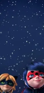 Two cartoon heroes look up at a starry night sky, creating a whimsical scene.