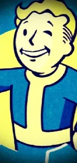 Cartoon figure in blue and yellow outfit winking on mobile wallpaper.