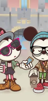 Cartoon hipster mice with coffee, phone, and shades in vibrant backdrop.