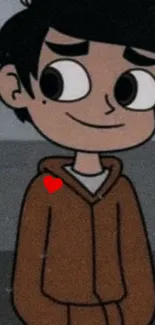 Cartoon boy in a brown hoodie with a red heart detail.