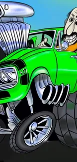 Cartoon muscle car with driver in vivid colors.