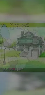 Cartoon house sketch with green theme for phone background.