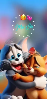 Cute cartoon characters hugging in a mobile wallpaper.