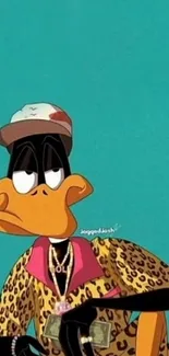 Cartoon duck in stylish attire with teal background.