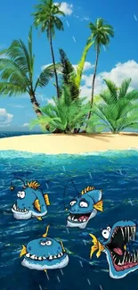 Cartoon island with palm trees and funny fish swimming below.