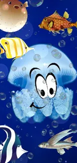 Cartoon jellyfish and fish on blue background wallpaper.