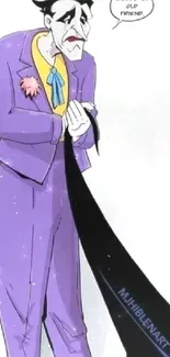 Cartoon Joker in a purple suit holding a ribbon of black ink.