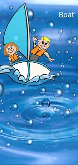 Cartoon kids sailing amidst blue ocean bubbles, a fun mobile wallpaper.