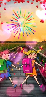 Cartoon kids on a boardwalk with a colorful sunset.