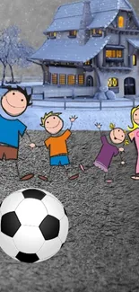 Cartoon family playing soccer in winter by a snowy house.