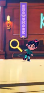 Cartoon girl exploring a vibrant library scene with a magnifying glass.