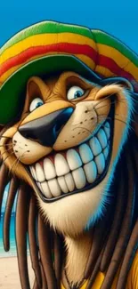 Smiling cartoon lion with reggae hat at the beach.