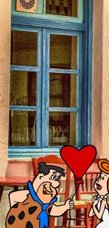 Cartoon love scene by a blue window, vibrant and nostalgic.