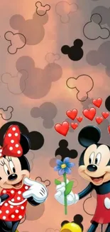 Cartoon love wallpaper with hearts and characters.