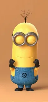 Cartoon Minion against a light brown background.