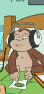 Cartoon monkey with headphones in a relaxed setting.