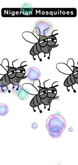 Cartoon mosquitoes with colorful bubbles on a white background.