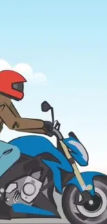 Cartoon biker riding a blue motorcycle on an open road.