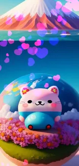 Cute cartoon cat with mountain sunset background.