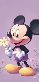 Cartoon mouse holding a daisy on a light purple background.