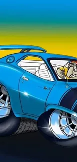 Cartoon blue muscle car with yellow background