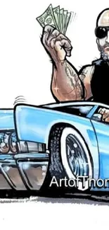 Cartoon muscle man in a classic blue car illustration.