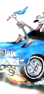 Cartoon characters in a blue muscle car with flames.