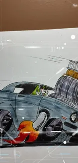 Cartoon muscle car with exaggerated features and dynamic motion.