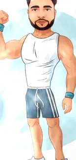 Cartoon muscle man character in blue and white attire.