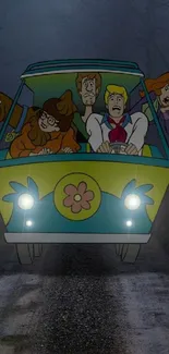 Cartoon characters driving mystery van at night.