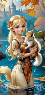 Fantasy scene with a girl in an autumn forest holding a squirrel by a lake.