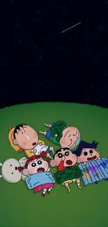 Cartoon characters stargazing under a night sky.