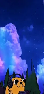 Cartoon character under colorful night sky with moon and clouds.