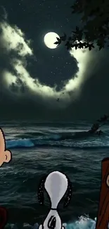 Cartoon night sky with characters by the ocean.