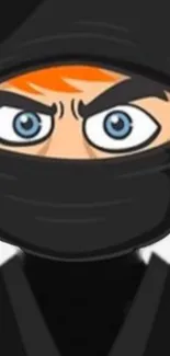 Cartoon ninja face in black mask with intense blue eyes staring.