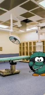 Cartoon ninja character in a modern operating room scene.