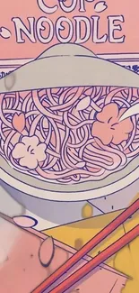 Cartoon style cup of noodles illustration in pastel colors.