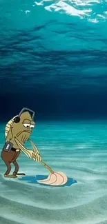 Cartoon character mopping ocean floor.