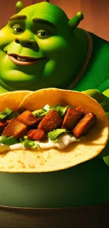 Animated green ogre holding a taco with a smile.