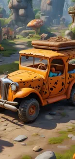 Cartoon orange jeep in whimsical landscape.