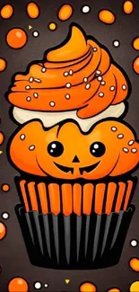 Halloween themed cupcake with pumpkin design and vibrant colors.