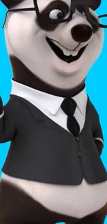 Cartoon panda in suit on a blue background.