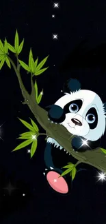 Cartoon panda clinging to bamboo under a starry sky.