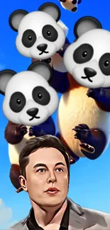 Cartoon panda emojis with blue sky background and a figure in graphic style.