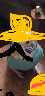 Cartoon parakeet with sombrero on wooden surface.