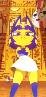 Cartoon pharaoh cat in a golden room with hieroglyphics.