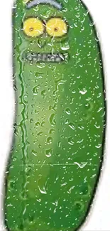 Cartoon pickle with water droplets on a green background.