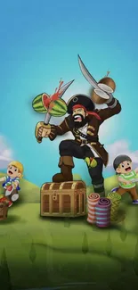 Cartoon pirate and kids in whimsical adventure scene.